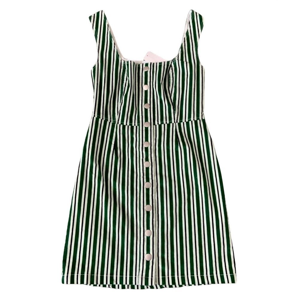 Striped Green and White Button-Front Mini Dress